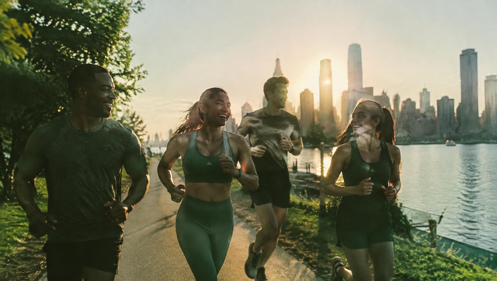 Groep vrienden die samen hardlopen bij zonsopkomst