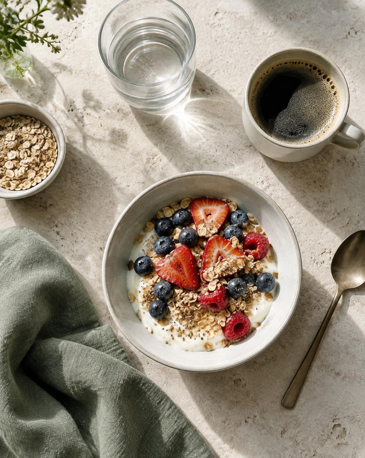 Gezond ontbijt met yoghurt, fruit en havermout